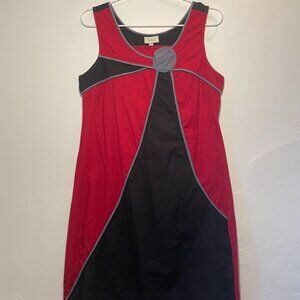 Kali red, black and blue/grey pattern midi dress